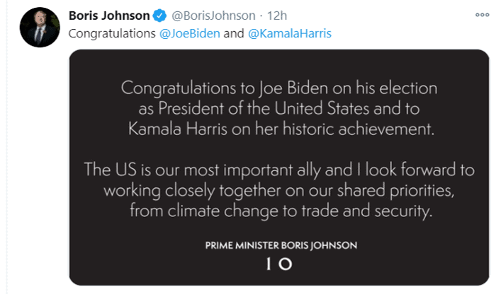 Boris Johnson congratulating Joe Biden