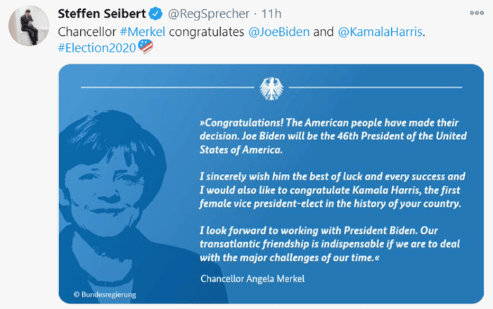 Angela Merkel congratulating Joe Biden