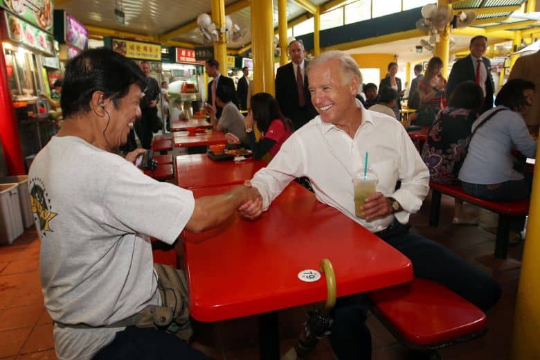 Joe Biden greeted a patron at Adam Road Hawker Centre