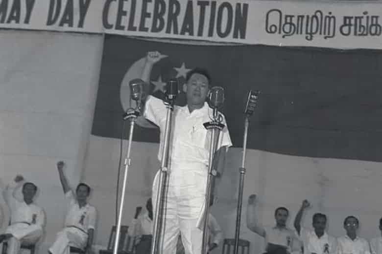Singapore's founding prime minister Lee Kuan Yew at the first May Day rally in 1960. PAP NTUC Symbiotic Relationship