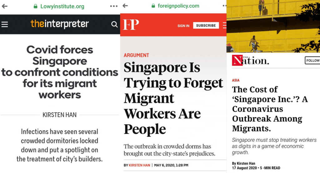 Articles written by Kirsten Han to tarnish Singapore reputation