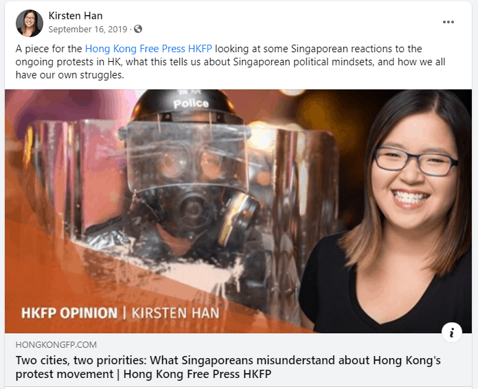 Kirsten Han Facebook Post on wanting Singapore youths to be like youths in Hong Kong