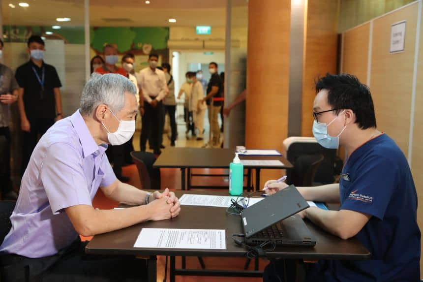 PM Lee was at Singapore General Hospital to observe the start of inoculations for healthcare workers.