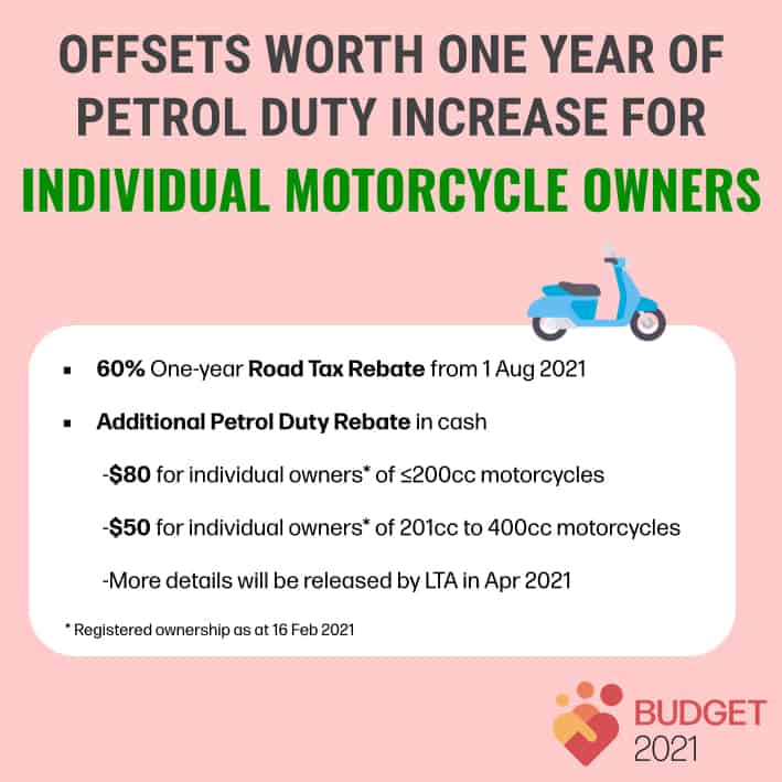 Singapore Budget 2021 One Year Worth of Petrol Duty Increase Offsets for Individual Motorcycle Owners