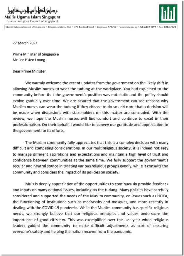 Dr Nazirudin Nasir Mufti Singapore Letter to PM Lee Hsien Loong - Page 1