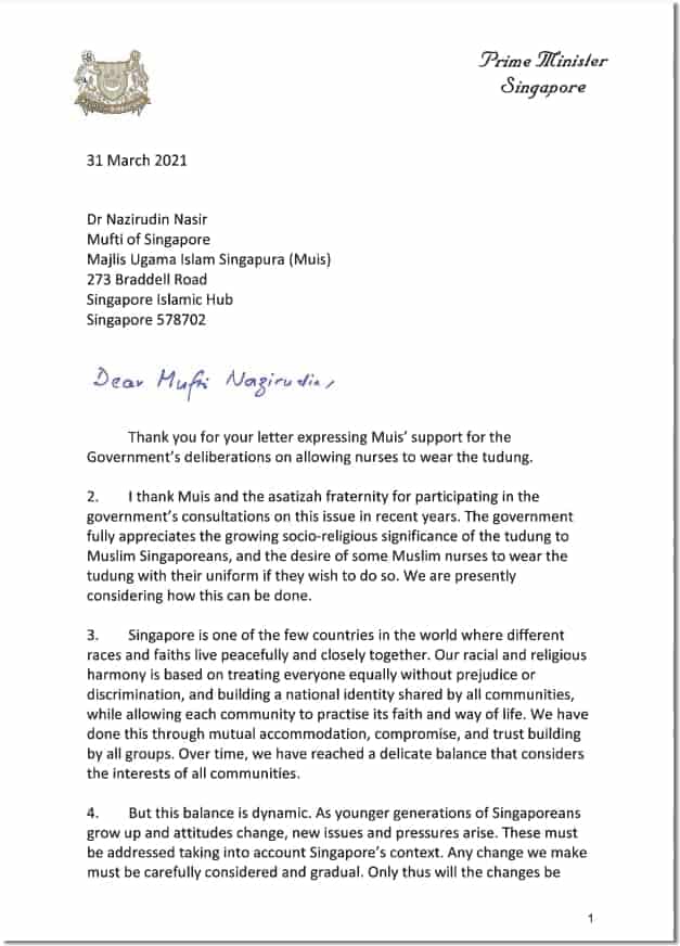 PM Lee letter to Dr Nazirudin Nasir Mufti - Page 1
